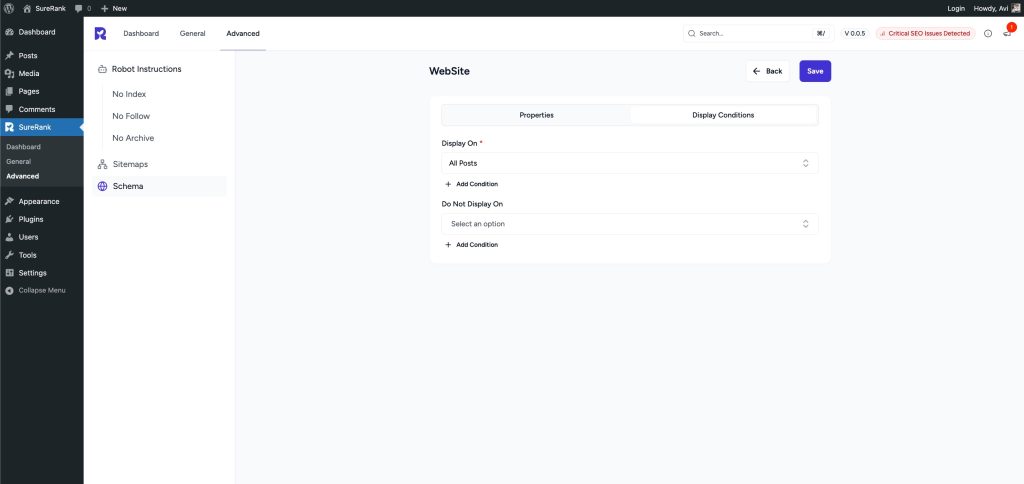 display conditions tab