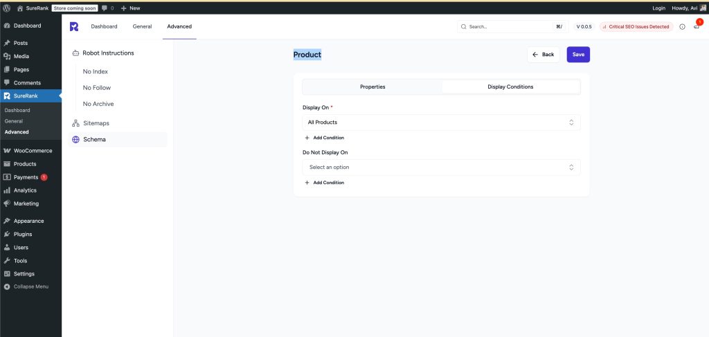 display conditions tab
