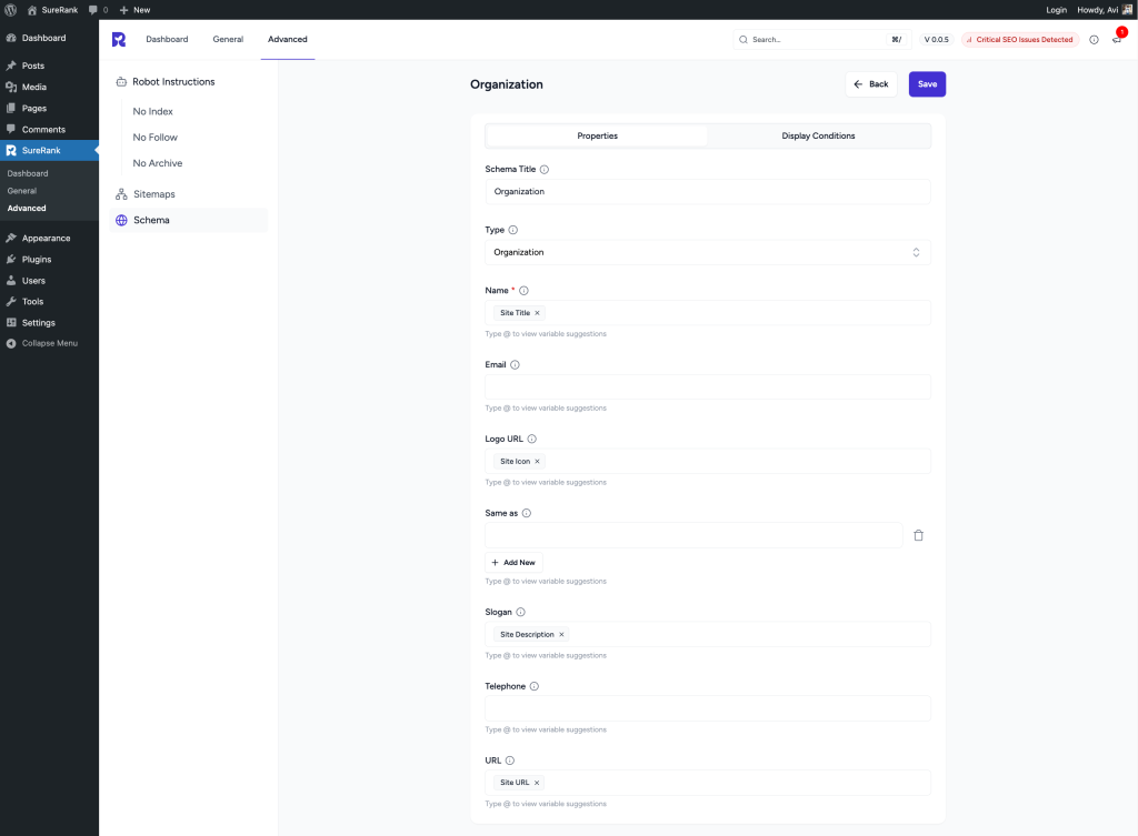 organization schema properties tab