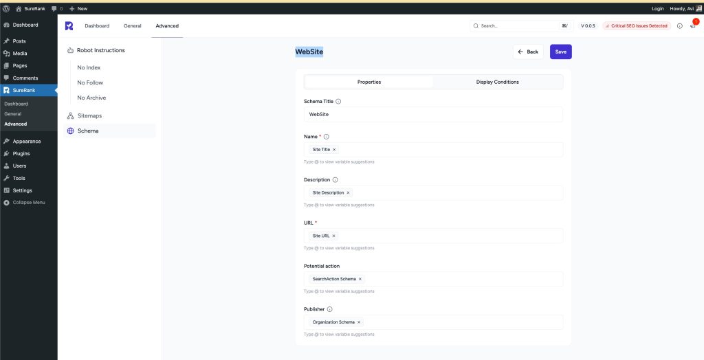 WebSite Schema properties tab