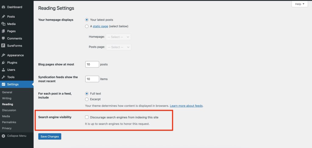 search engine visibility setting