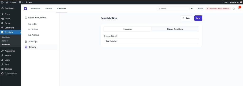 searchaction properties tab