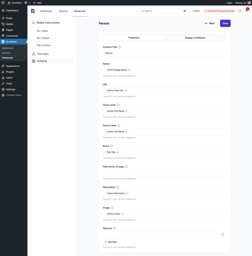 person schema properties tab