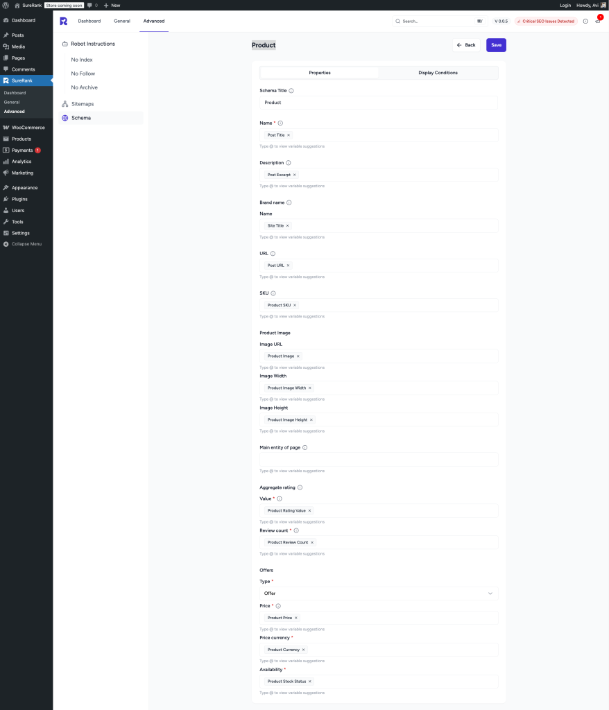 product properties tab