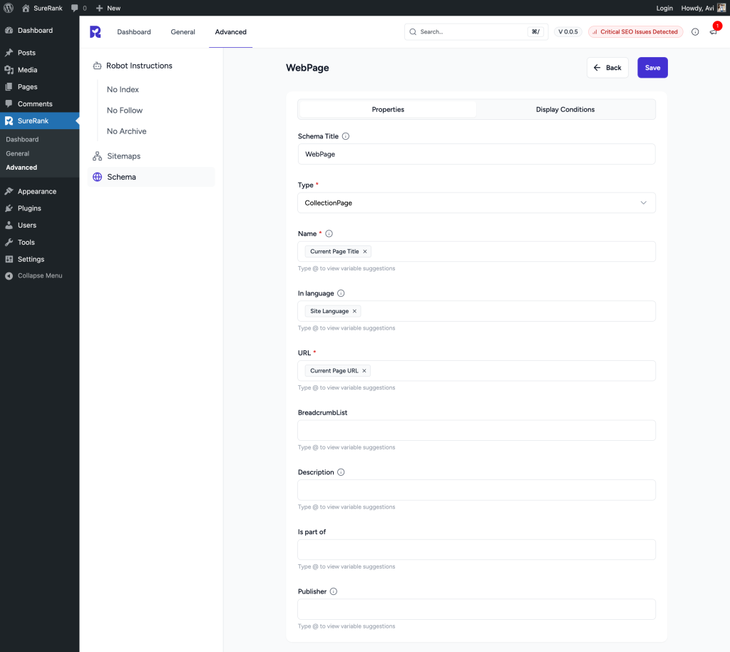 webpage properties tab