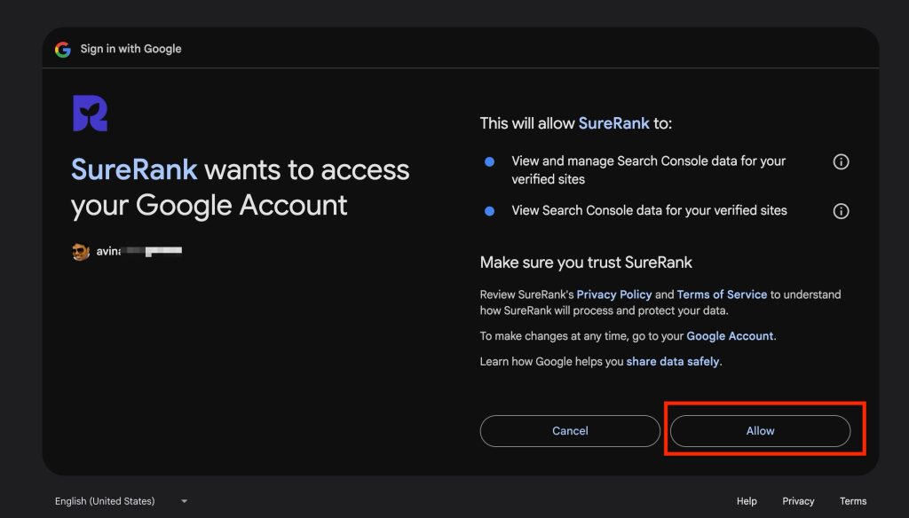 surerank wants to access your google account