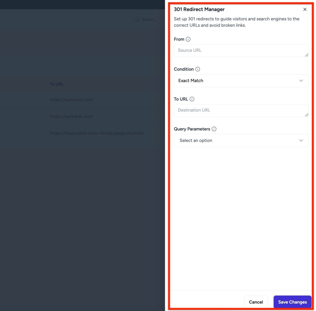 301 redirect manager setting
