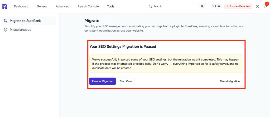 your seo settings migration is paused