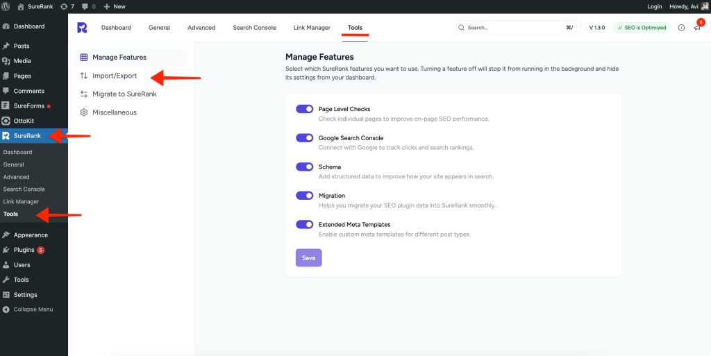 Accessing the import:export settings