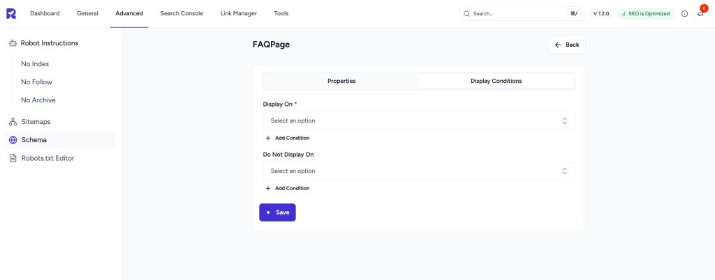 FAQ Schema in SureRank display conditions tab