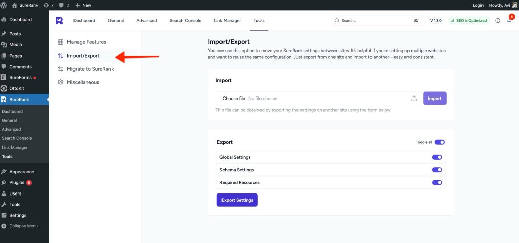 import/export settings