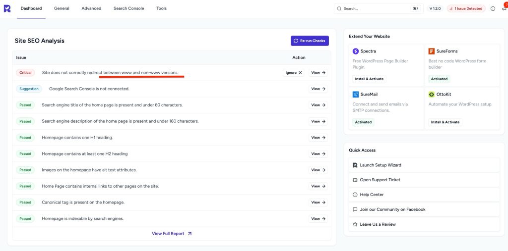 site does not correctly redirect between www and non www versions