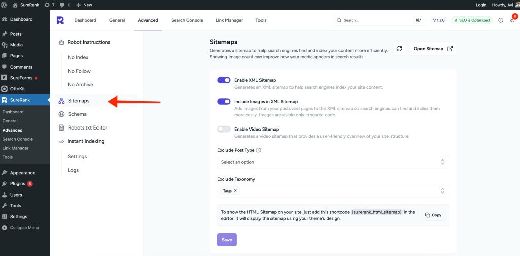 open sitemap options