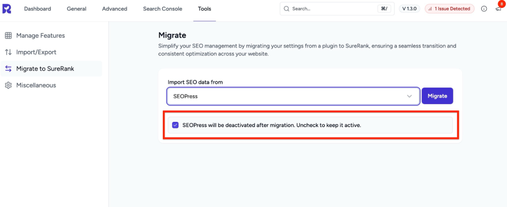 SEOPress will be deactivated after migration.