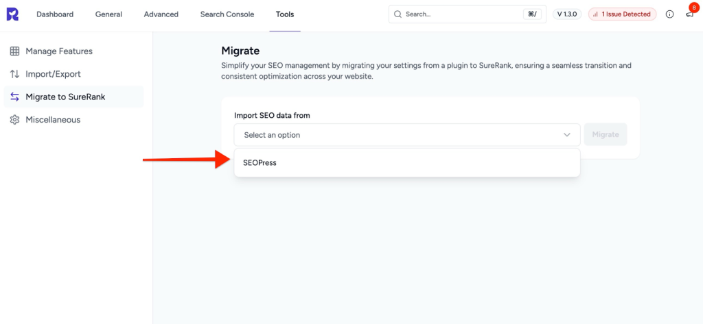 Select “SEOPress SEO”
