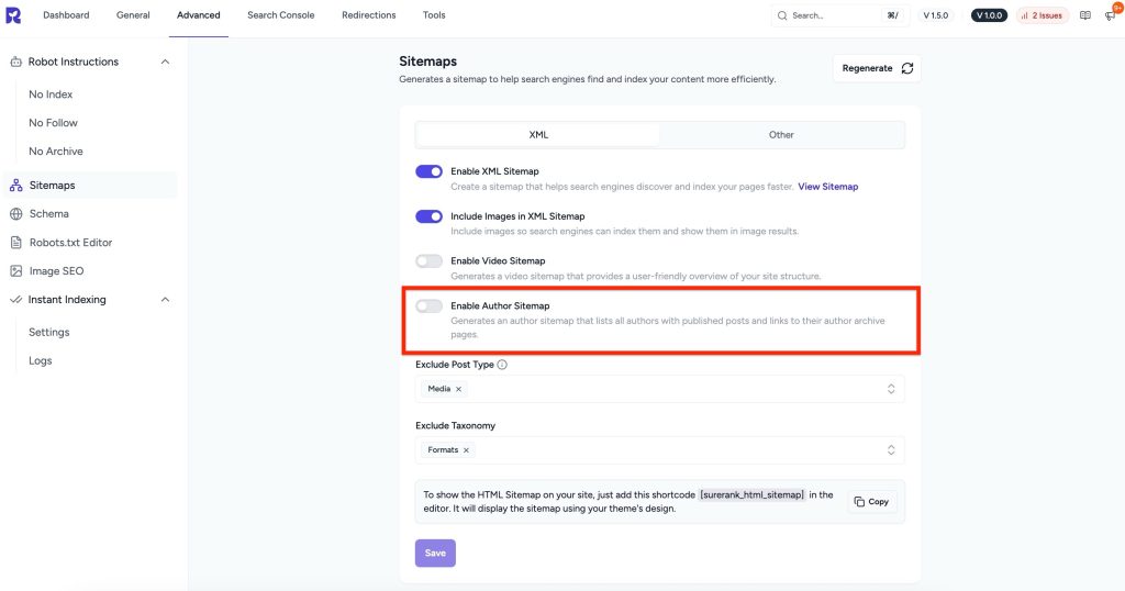 How to Enable Author Sitemap in SureRank author sitemap