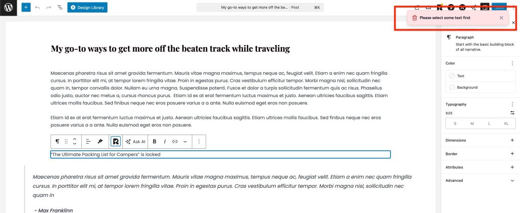 please select some text first.