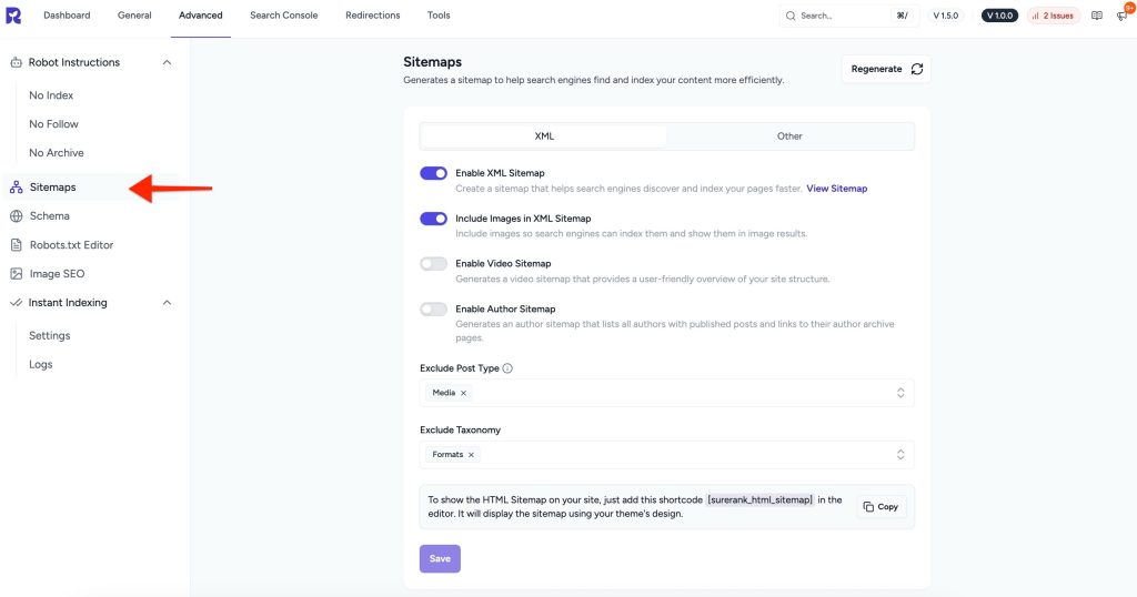 How to Enable Author Sitemap in SureRank click sitemap