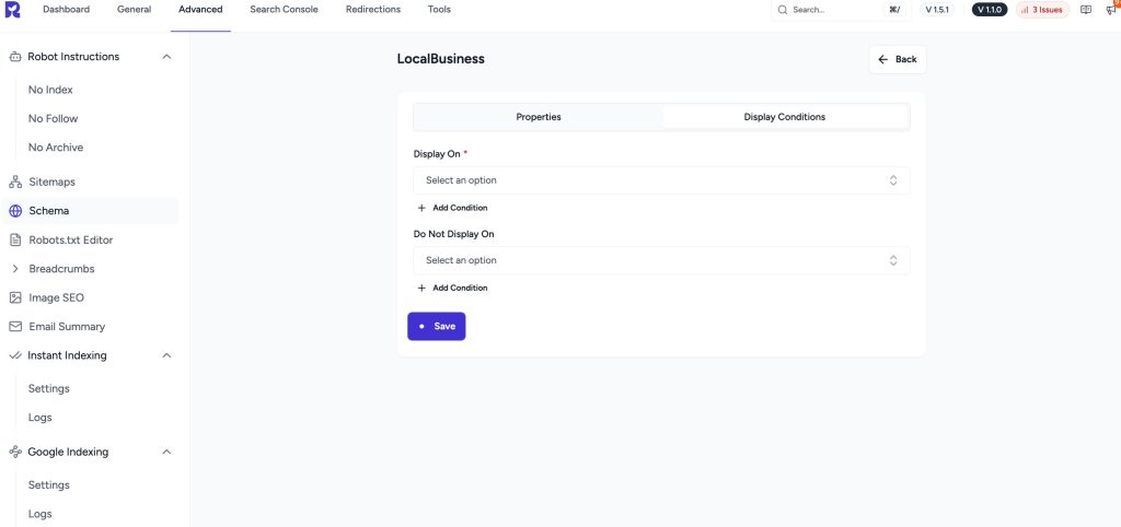 display conditions tab