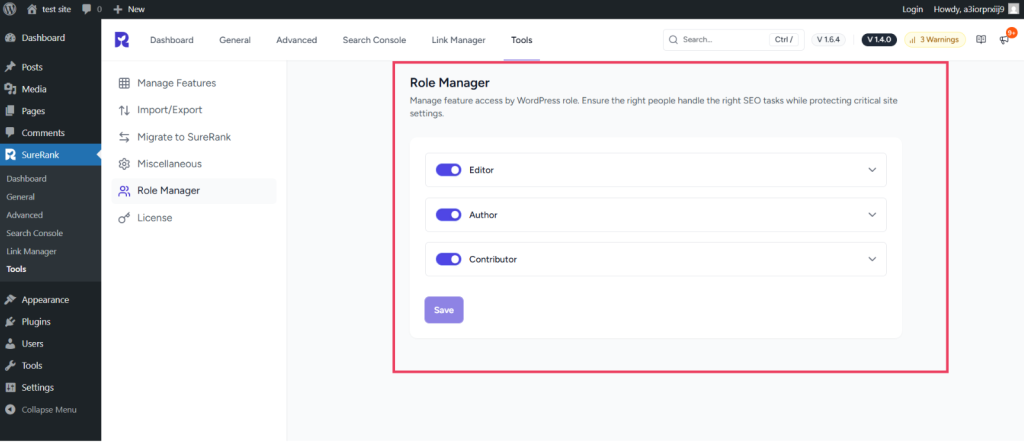 SureRank Role Manager Role Manager setting