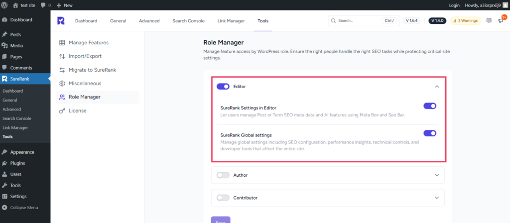 SureRank Role Manager Global Settings