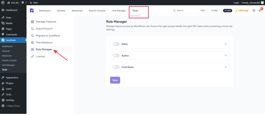 SureRank Role Manager SureRank → Tools