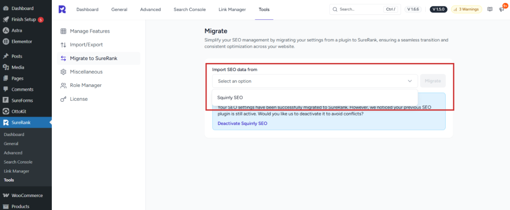 How to Migrate from Squirrly SEO to SureRank select squirrly seo from import dropdown