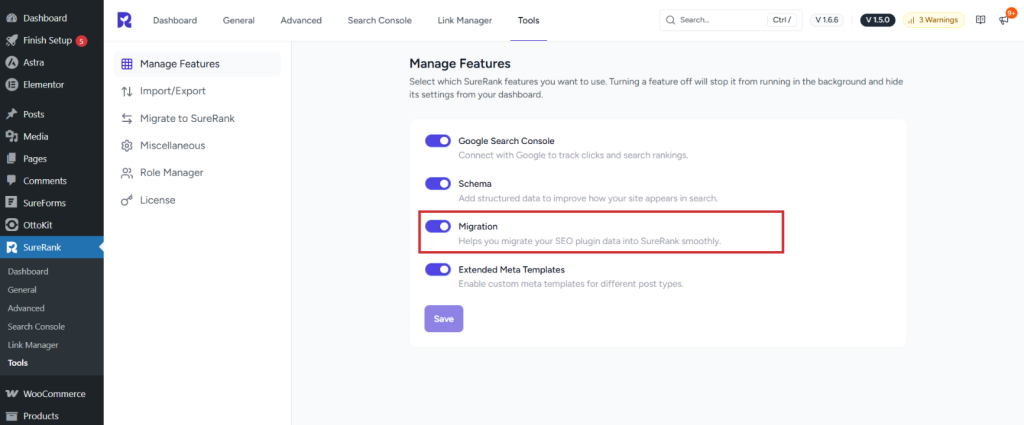 How to Migrate from Squirrly SEO to SureRank enable migration feature in surerank manage features