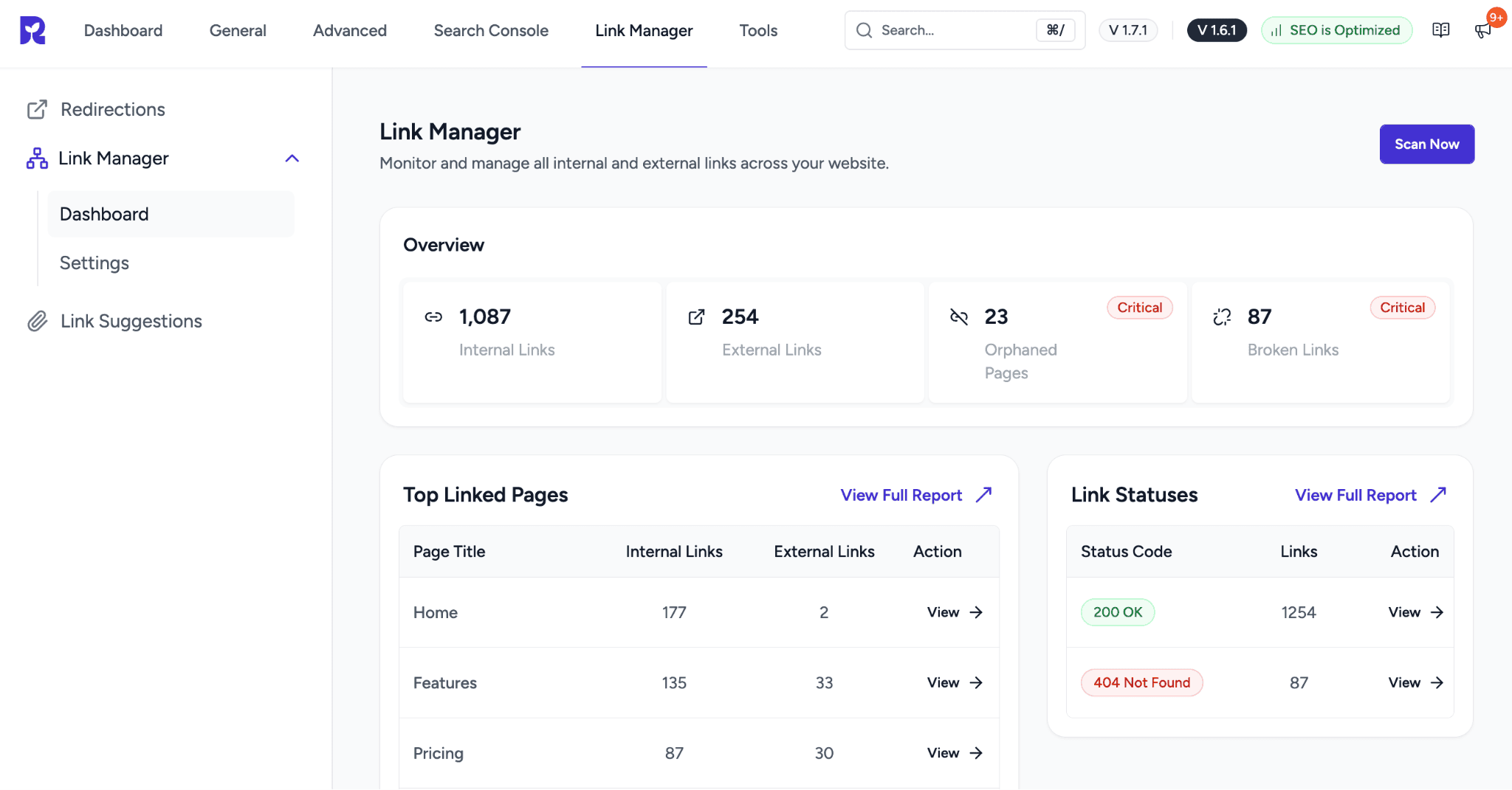 SureRank Link Manager Dashboard