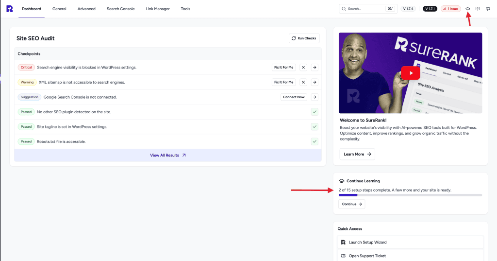 SureRank dashboard with SEO checklist