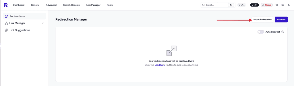 Redirection Manager page with empty redirects