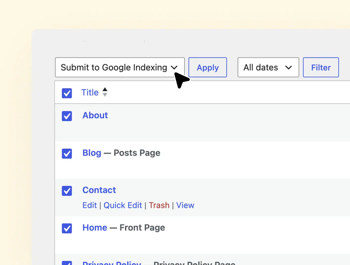 Google Indexing list view bulk action google indexing