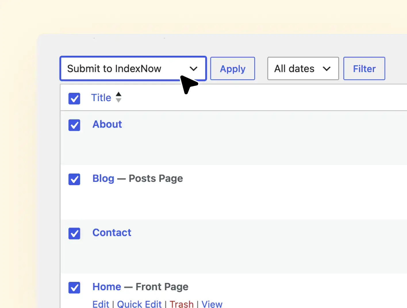 Instant Indexing list view bulk action index now