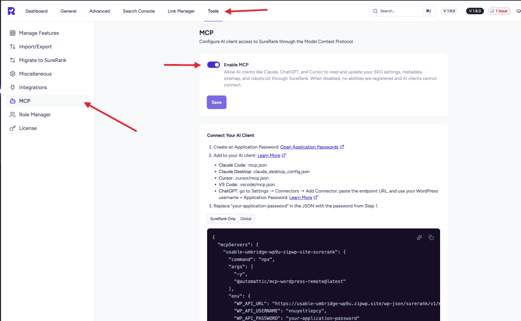 SureRank 1.9.0 - Front-End SEO Editing, MCP and Headless Support, and Smarter Premium Tools SureRank AI Abilities and MCP Controls: