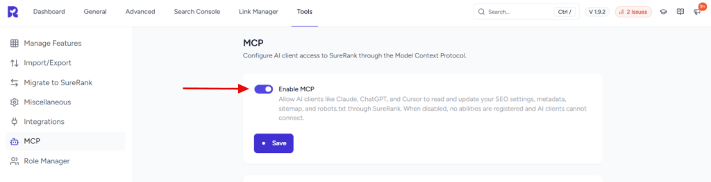 Enabling the AI (MCP) Integration and Connecting an AI Client image
