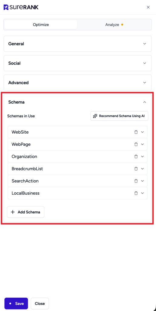 How to Set Up Local Business Schema for Multiple Locations in SureRank SureRank Schema settings panel