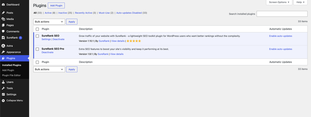 plugin screen surerank activated